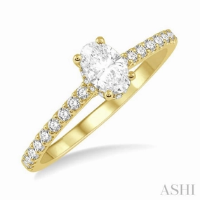 1/2 Ctw Round Cut Diamond Engagement Ring With 1/4 Ct Oval Cut Center Stone in 14K Yellow Gold Secure Decoration Bold Sign