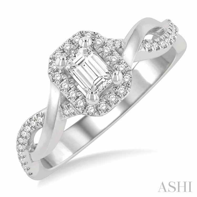 1/2 Ctw Twisted Shank Round & Emerald Cut Diamond Engagement Ring With 1/3 Ctw Emerald Cut Center Stone in 14K White Gold Durable piece