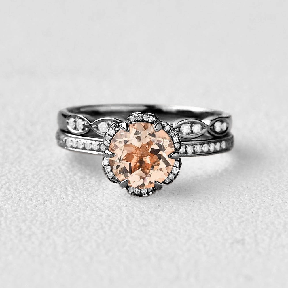 1.2ct Round Cut Morganite Floral Inspired Ring Set 2pcs Holiday Gift