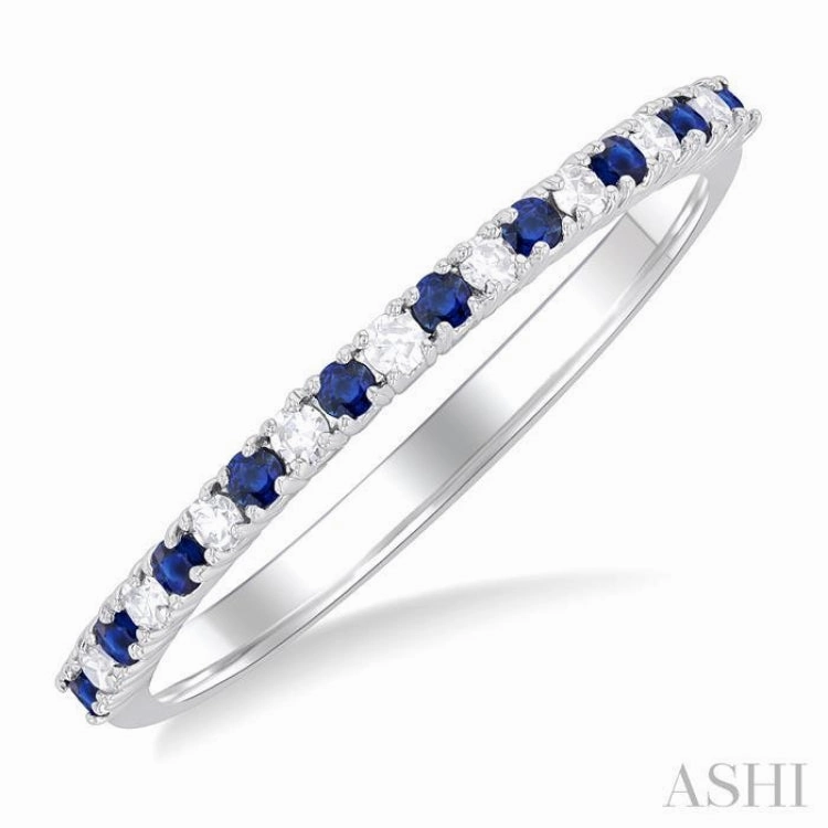 1.35 MM Round Shape Sapphire and 1/10 Ctw Petite Round Cut Diamond Precious Stack Band in 10K White Gold Signature Accessory