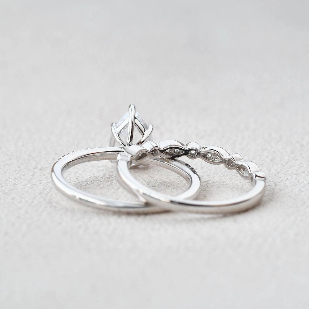 Easy Care 1.3ct Pear Moissanite Pave Vintage Solitaire Ring Set 2pcs