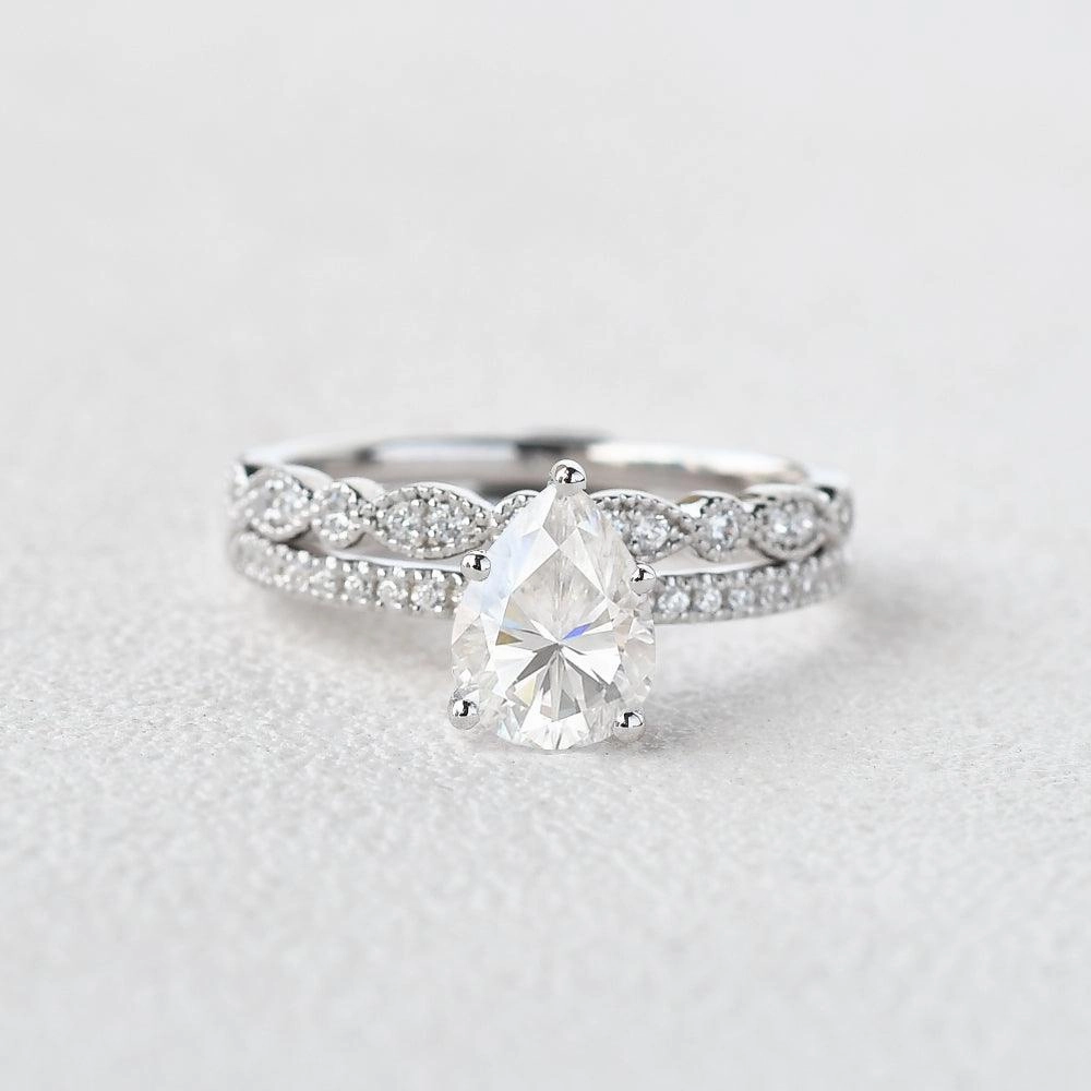 1.3ct Pear Moissanite Pave Vintage Solitaire Ring Set 2pcs Fresh Gift Romantic Craft