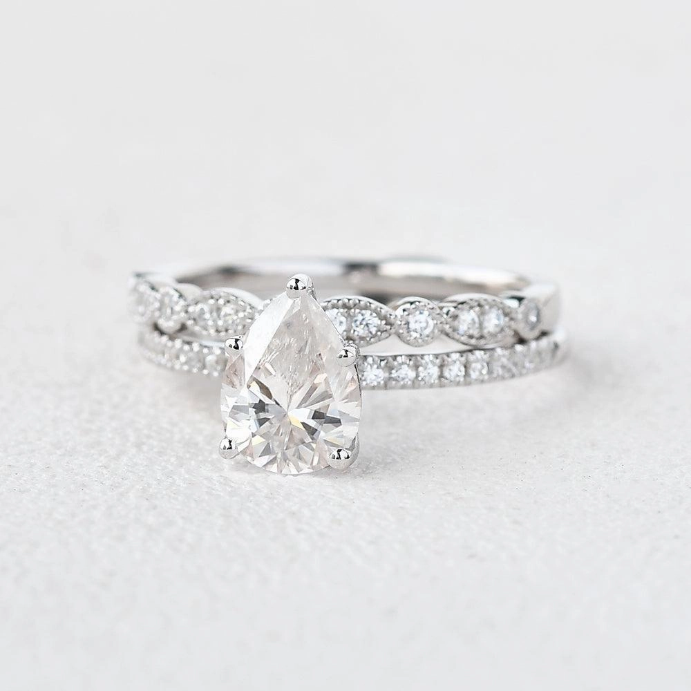 Perfect Choice 1.3ct Pear Moissanite Pave Vintage Solitaire Ring Set 2pcs