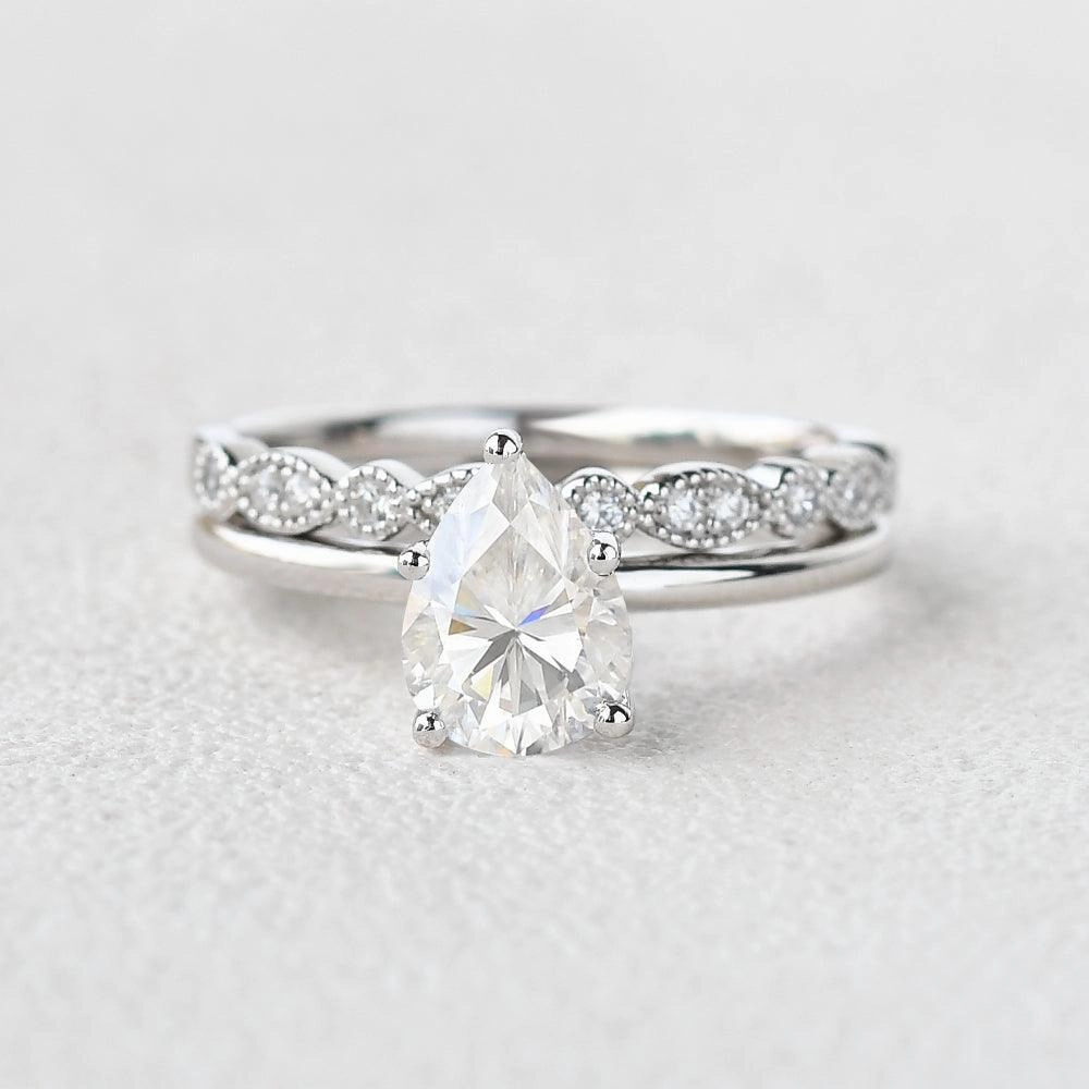 1.3ct Pear Shaped Moissanite Solitaire Ring Set 2pcs Alluring Style Event Look
