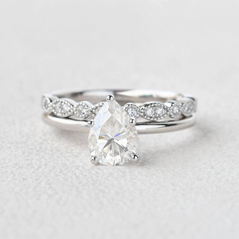 1.3ct Pear Shaped Moissanite Solitaire Ring Set 2pcs Dressing Up