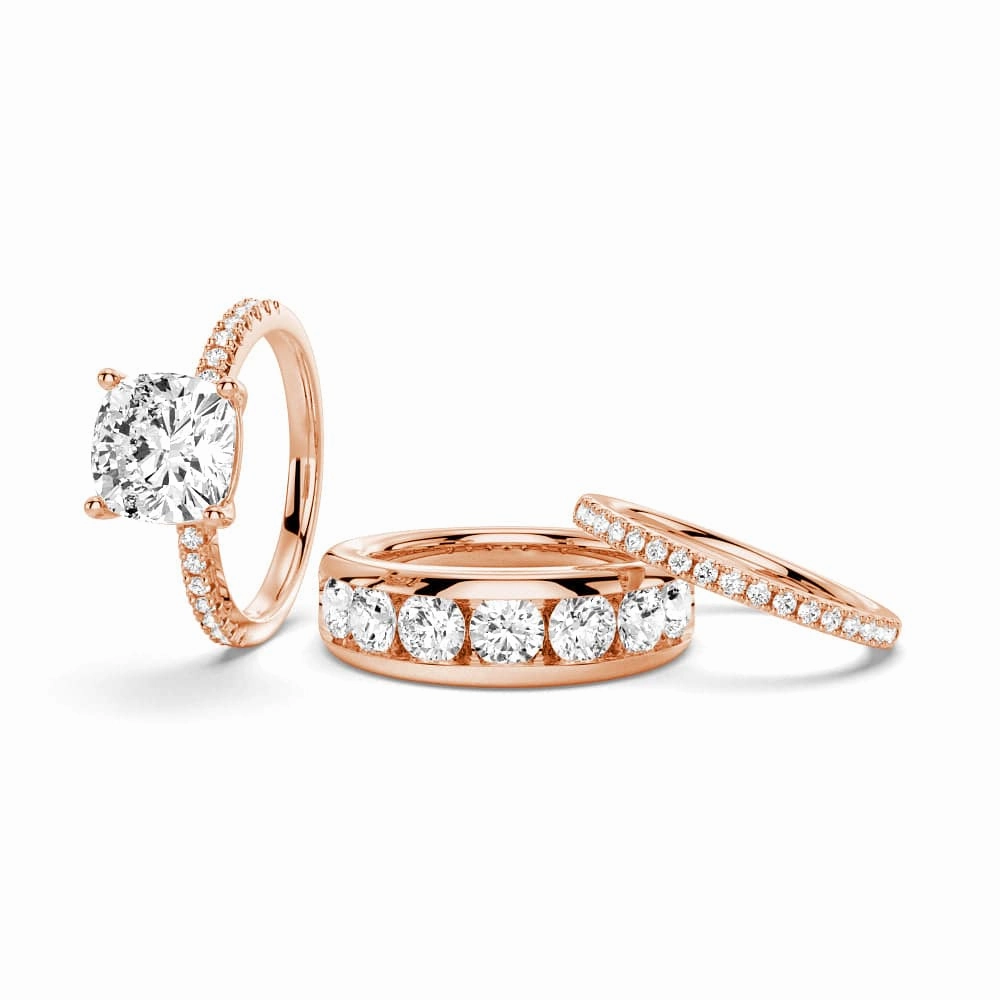 Stylish Edge Glamorous Finish 1.5 CT. Cushion Shaped Moissanite Couple's Ring Set with Men's Wedding Band