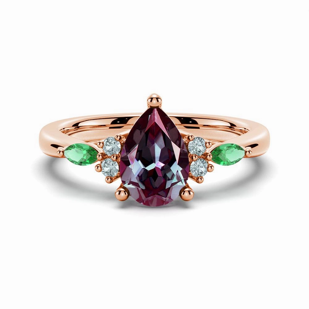 1.5 CT. Pear Shaped Alexandrite Engagement Ring With Emerald Accents Festival Outfit