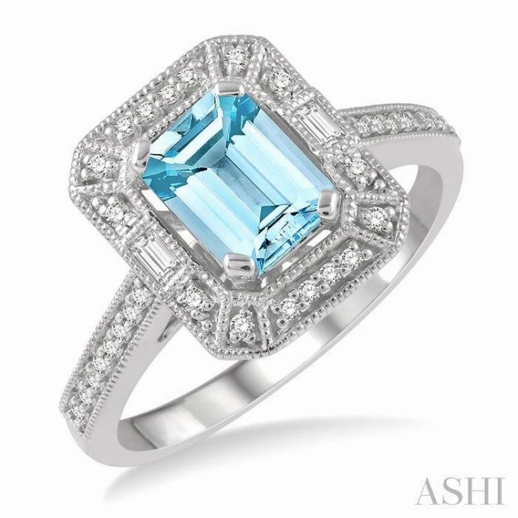 1/5 Ctw Emerald Shape 7x5MM Aquamarine, Baguette and Round Cut Diamond Precious Ring in 14K White Gold Personal Touch Meaningful Ornament
