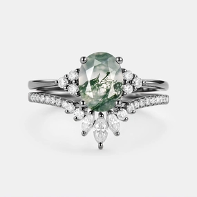 1.5ct Black Gold Oval Cut Moss Agate Classic Cluster Gold Ring Set 2pcs - Lydia Luxury Form