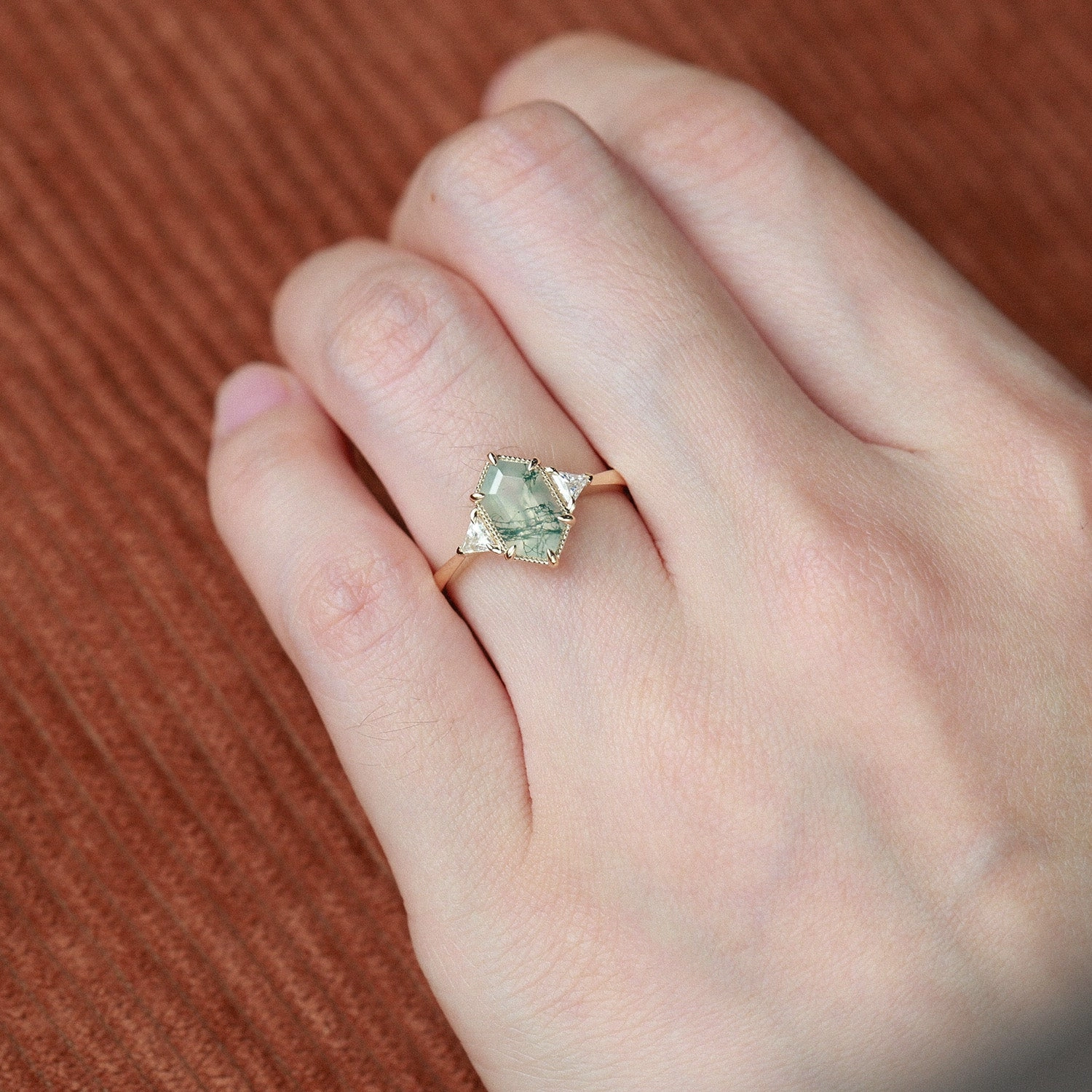 1.5ct Geometric Moss Agate Three-stone Vintage Ring Everyday Pick Lightweight Feel