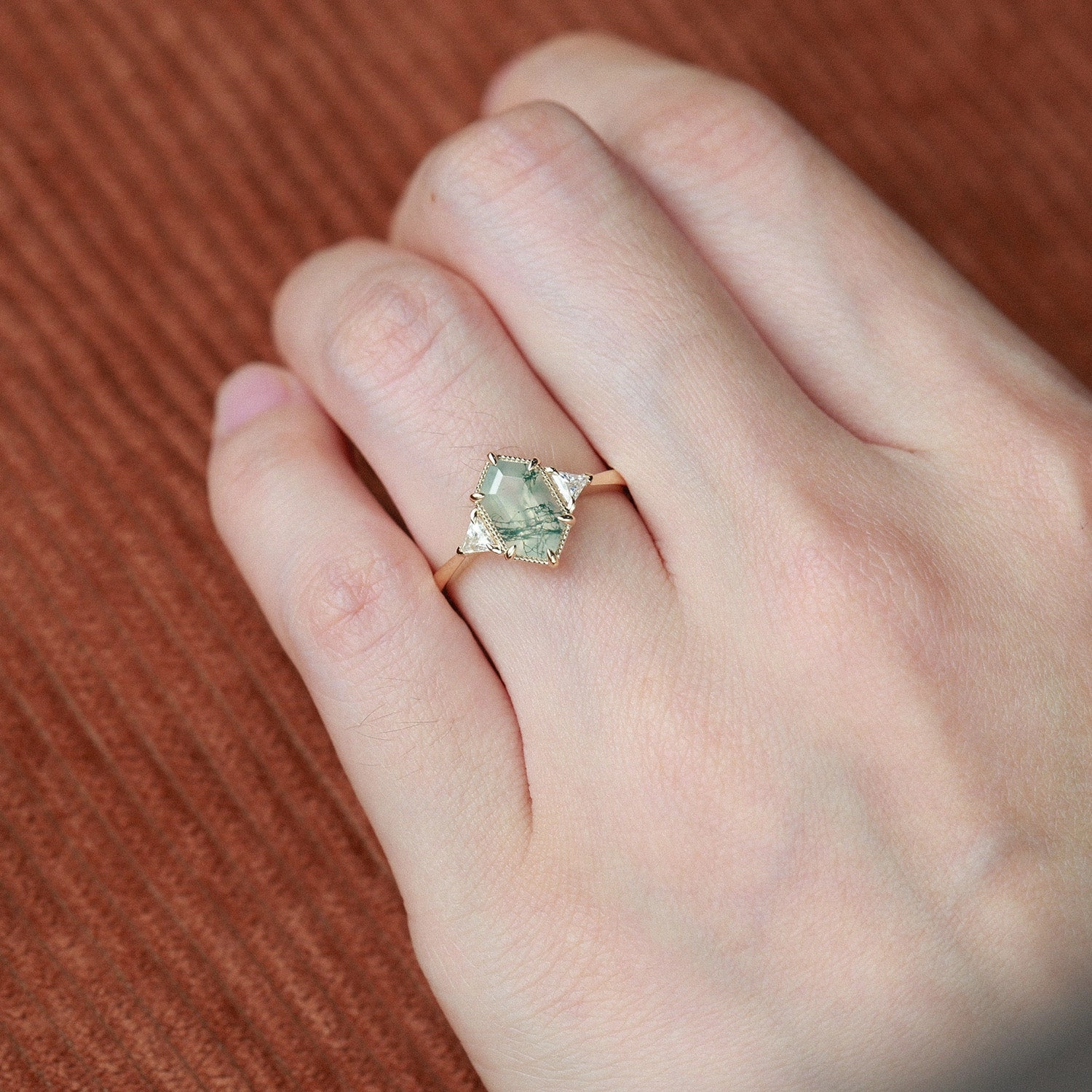 Minimal Geometry 1.5ct Geometric Moss Agate Three-stone Vintage Ring