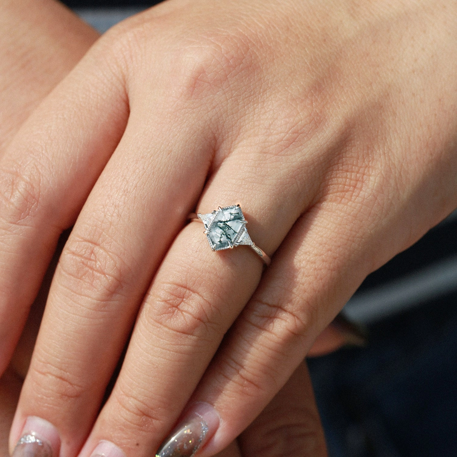 1.5ct Geometric Moss Agate Three-stone Vintage Ring Flawless Glow