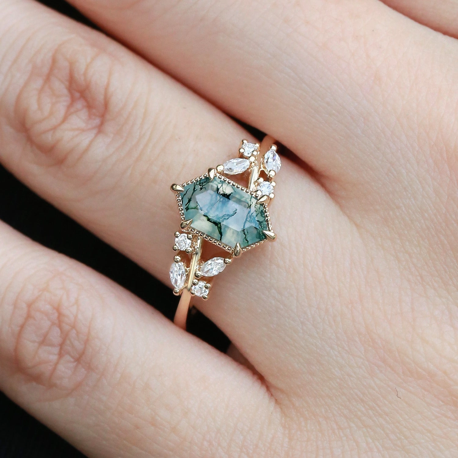 1.5ct Hexagon Moss Agate Leafy Moissanite Vintage Engagement Ring Seasonal Gift