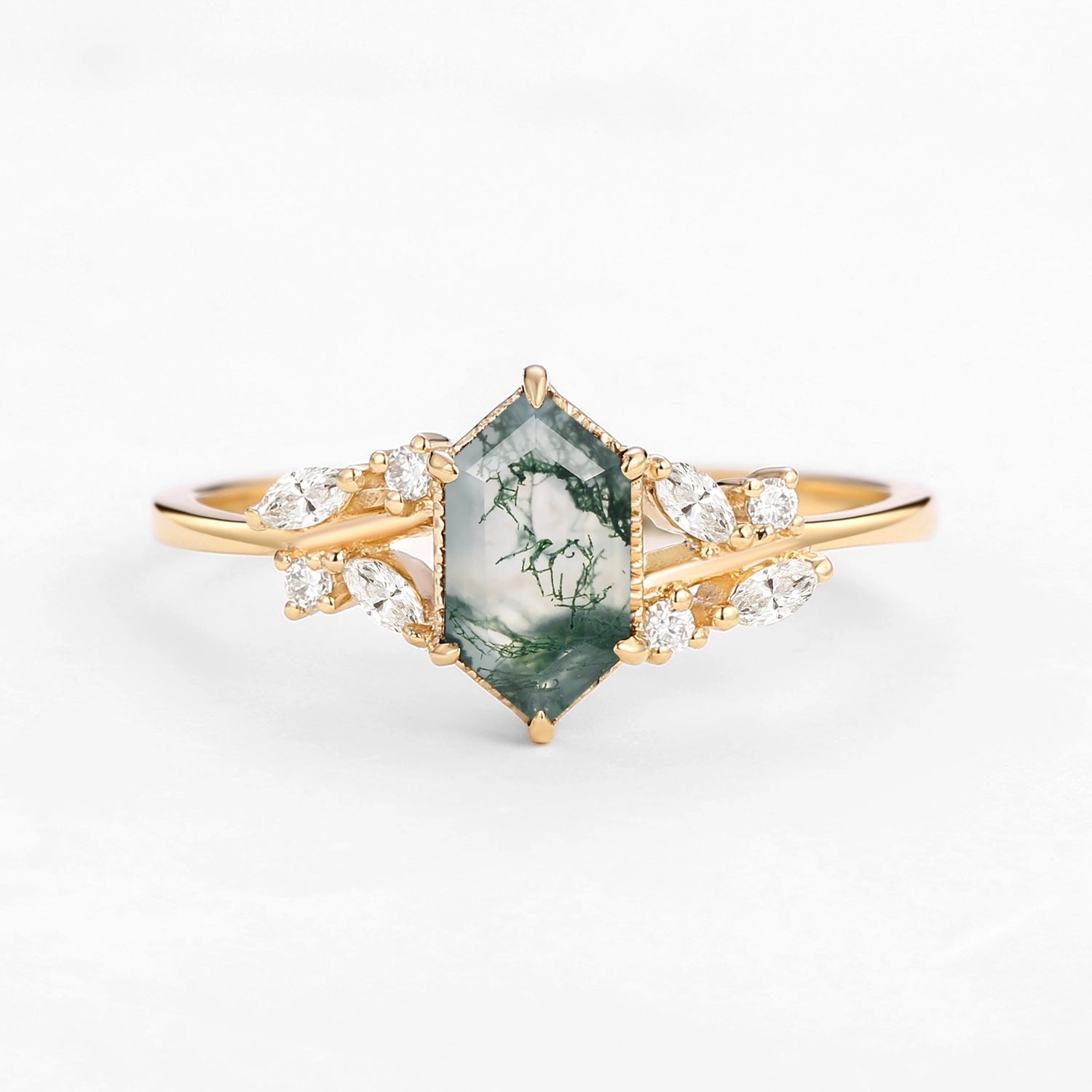 Clean Style Handmade Glam 1.5ct Hexagon Moss Agate Leafy Moissanite Vintage Engagement Ring