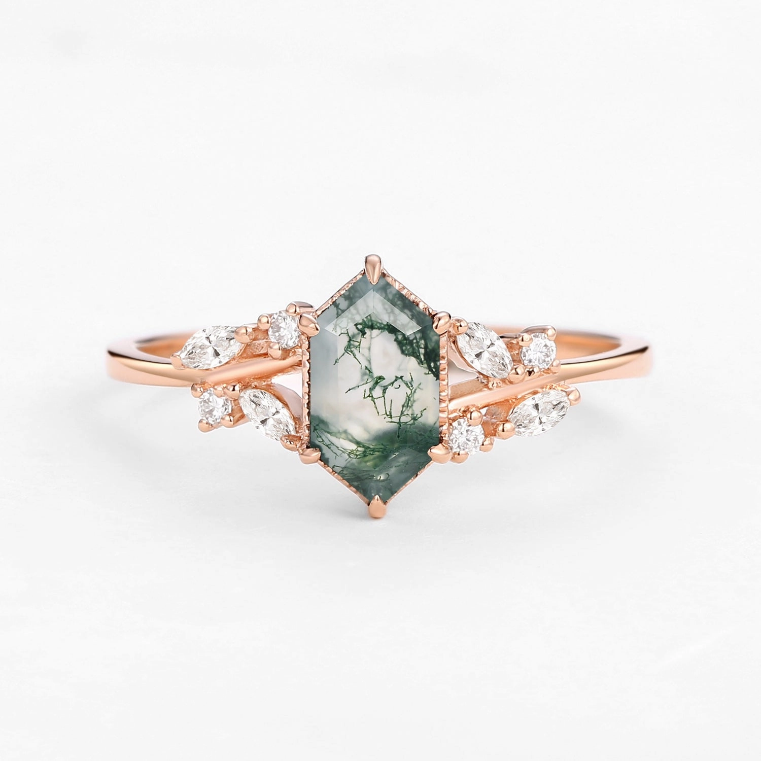 Organizational Insignia 1.5ct Hexagon Moss Agate Leafy Moissanite Vintage Engagement Ring