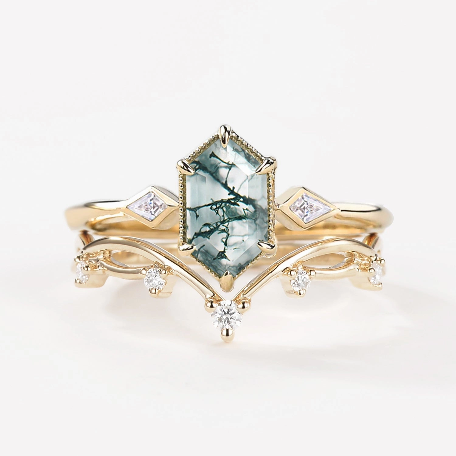 1.5ct Hexagon Moss Agate Three Stone Kite Ring Set 2PCS Glossy Look Exclusive Detail