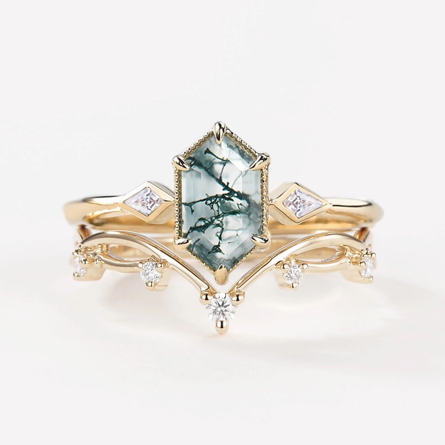 1.5ct Hexagon Moss Agate Three Stone Kite Ring Set 2PCS Classic Jewelry