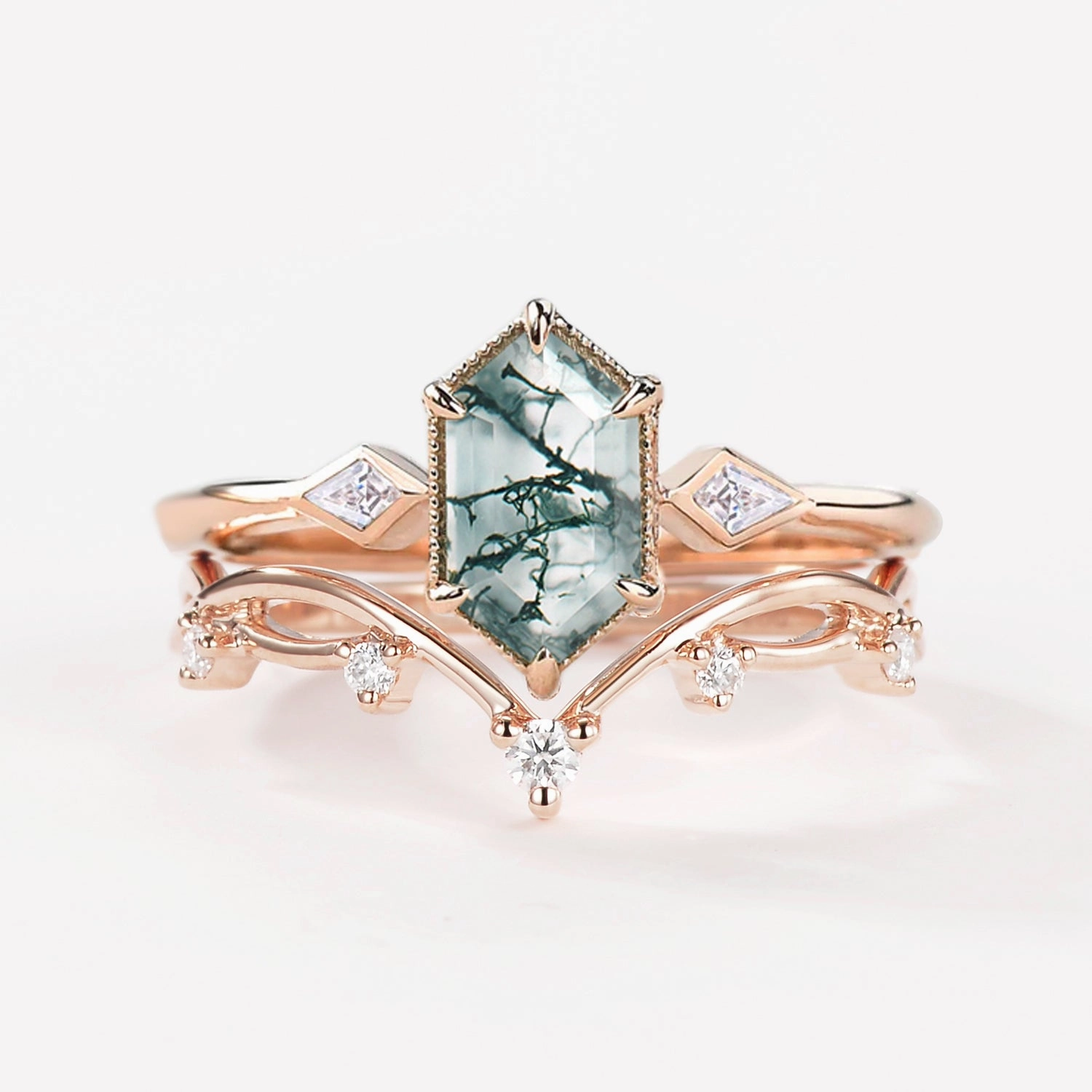 1.5ct Hexagon Moss Agate Three Stone Kite Ring Set 2PCS Ancient Style