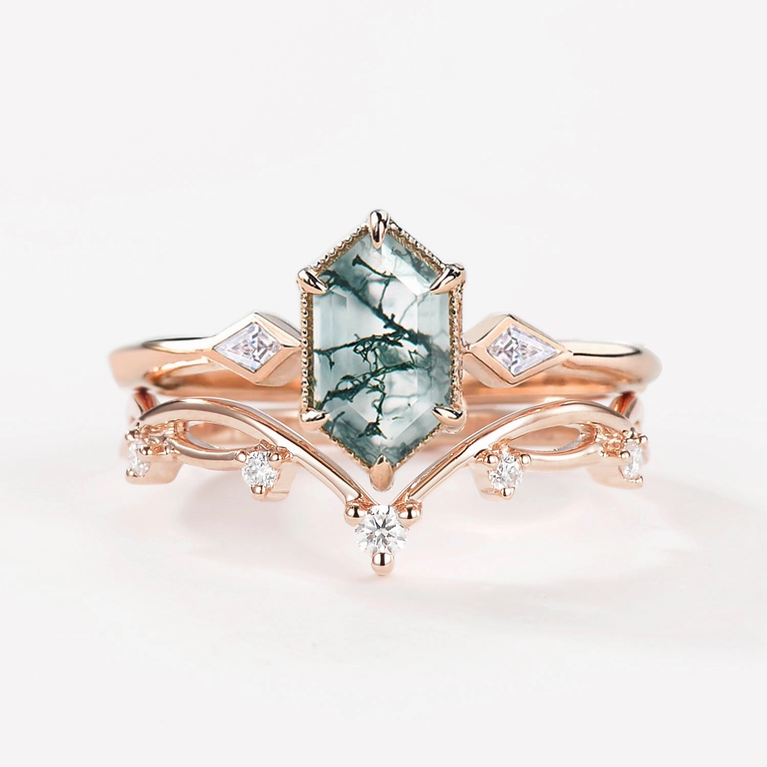 1.5ct Hexagon Moss Agate Three Stone Kite Ring Set 2PCS Exclusive Gift Durable Design