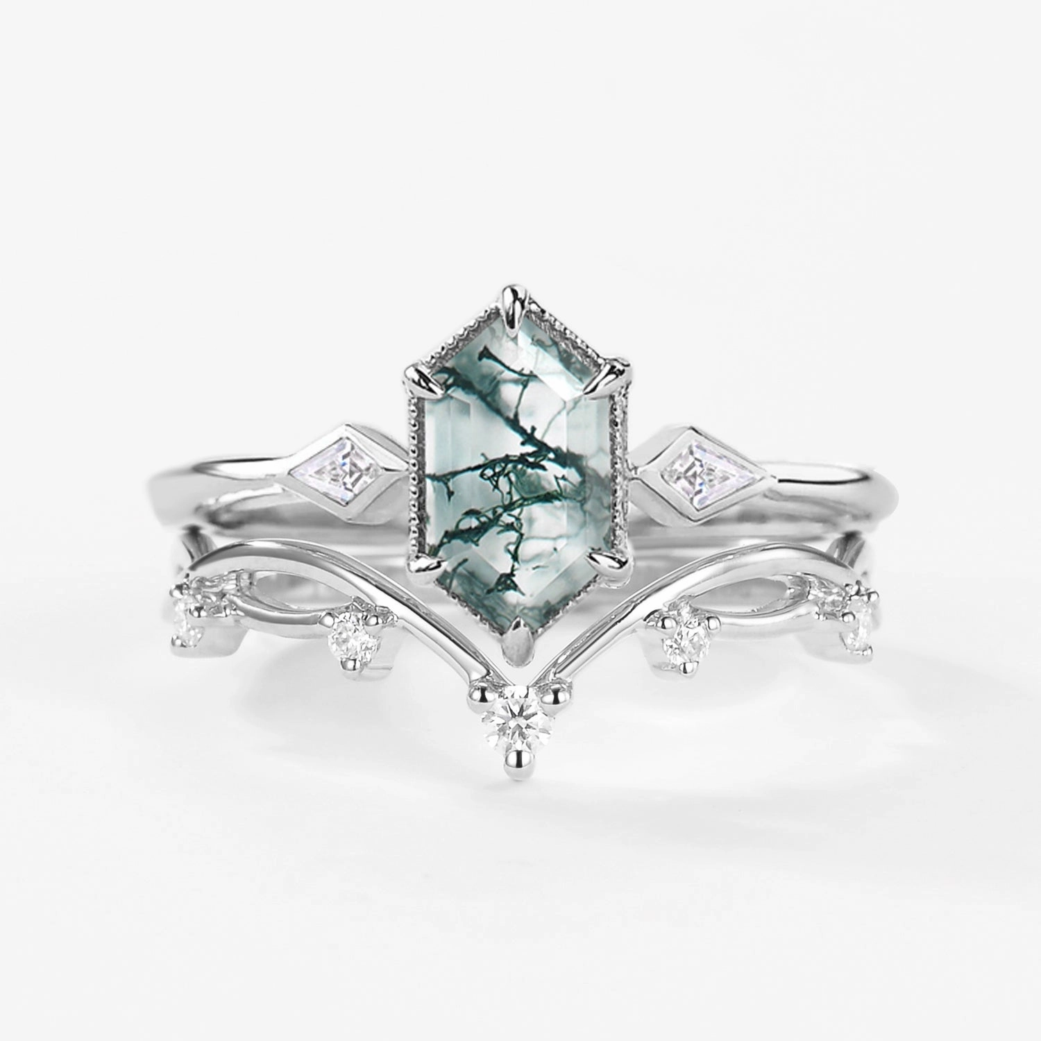 Premium Choice Shiny Detail 1.5ct Hexagon Moss Agate Three Stone Kite Ring Set 2PCS