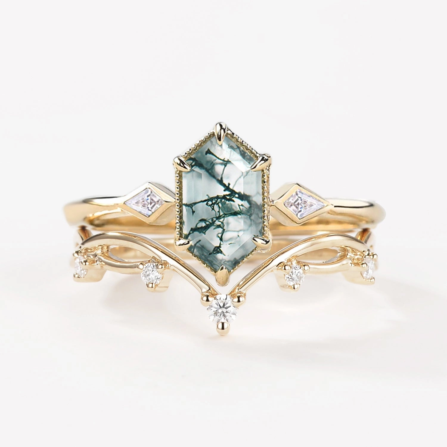 1.5ct Hexagon Moss Agate Three Stone Kite Ring Set 2PCS Perfect Fit Minimalist Design