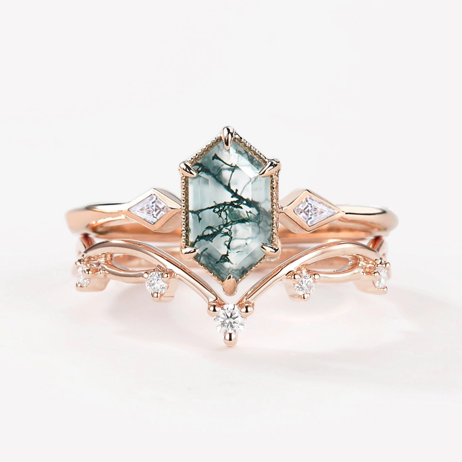 Luxe Shine Up 1.5ct Hexagon Moss Agate Three Stone Kite Ring Set 2PCS