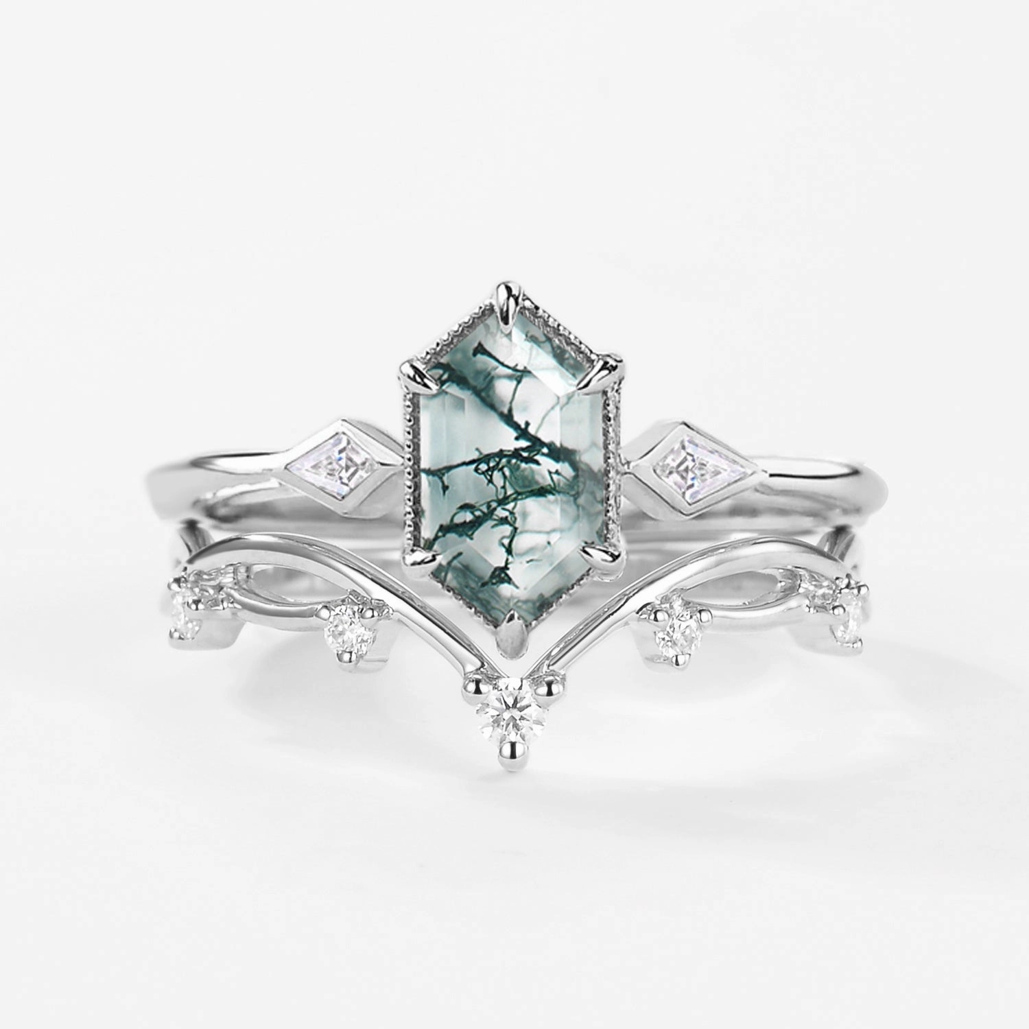 1.5ct Hexagon Moss Agate Three Stone Kite Ring Set 2PCS Accent Piece Dynamic Shape