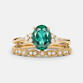1.5ct Lab Emerald Oval Cut Yellow Gold Ring Set 2pcs - Elora Contemporary Trend Artistic Keepsake