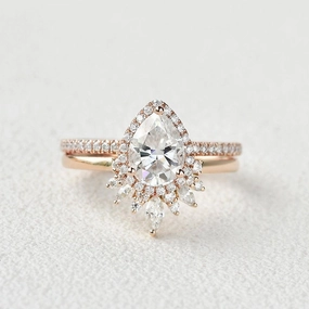 Dressed Up Look 1.5ct Moissanite Pear Cut Halo White Gold Ring Set 2pcs