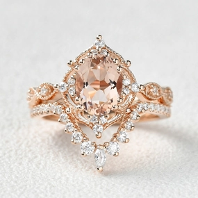 Custom Gift Easy Use 1.5ct Morganite Vintage Inspired Chevron Ring Set 2pcs