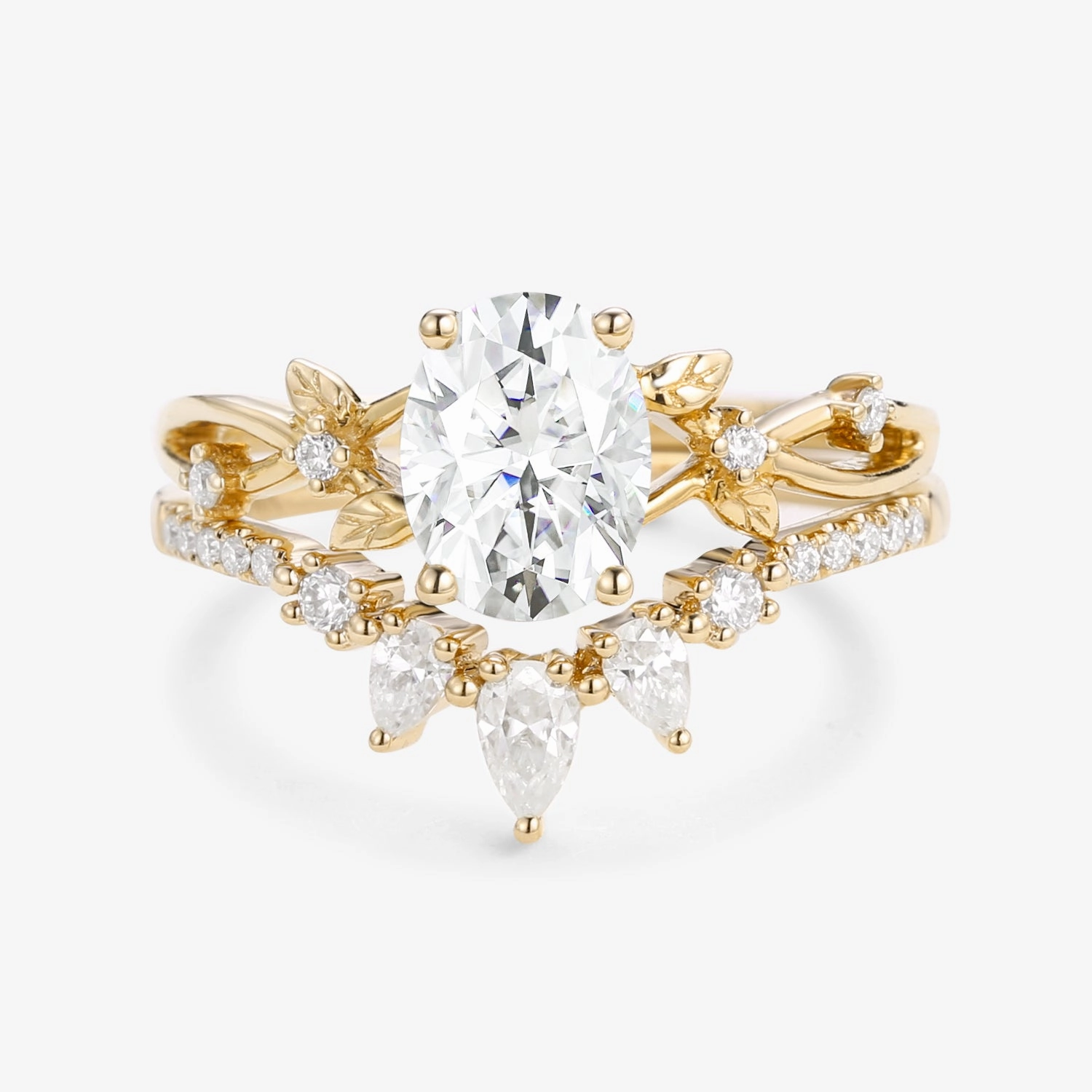 photo shoot Designer Ornament 1.5ct Oval Cut Moissanite Leafy White Gold Ring Set 2pcs - Wrenley