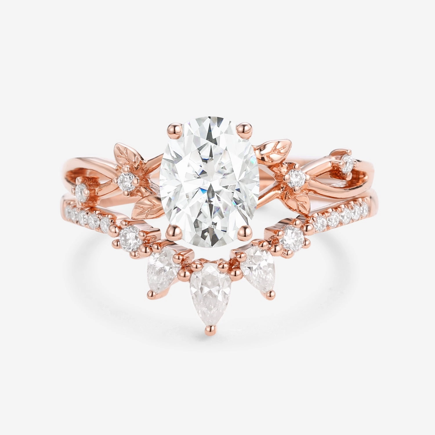 1.5ct Oval Cut Moissanite Leafy White Gold Ring Set 2pcs - Wrenley Luxury Proportion