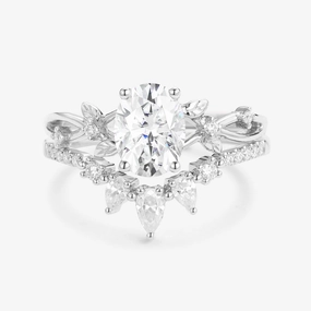 Artisan Finish 1.5ct Oval Cut Moissanite Leafy White Gold Ring Set 2pcs - Wrenley