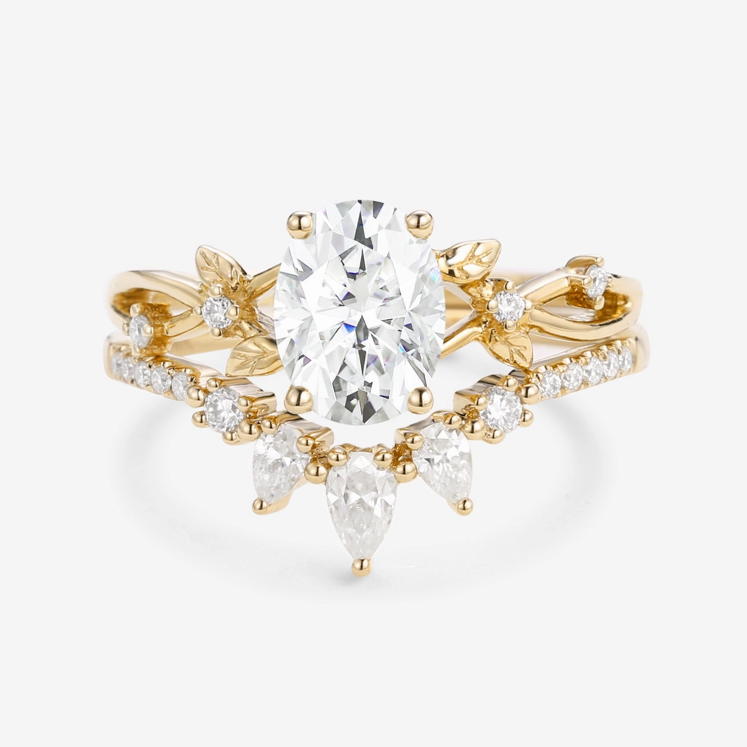 1.5ct Oval Cut Moissanite Leafy White Gold Ring Set 2pcs - Wrenley Impressive Finish