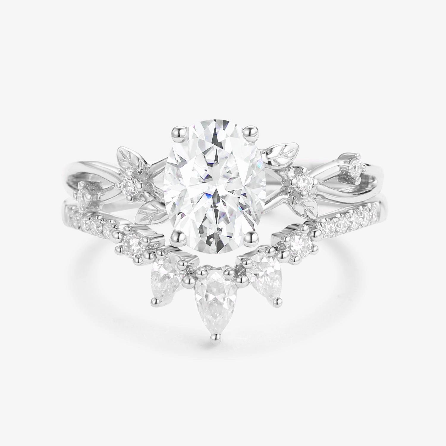 Artisan Finish 1.5ct Oval Cut Moissanite Leafy White Gold Ring Set 2pcs - Wrenley