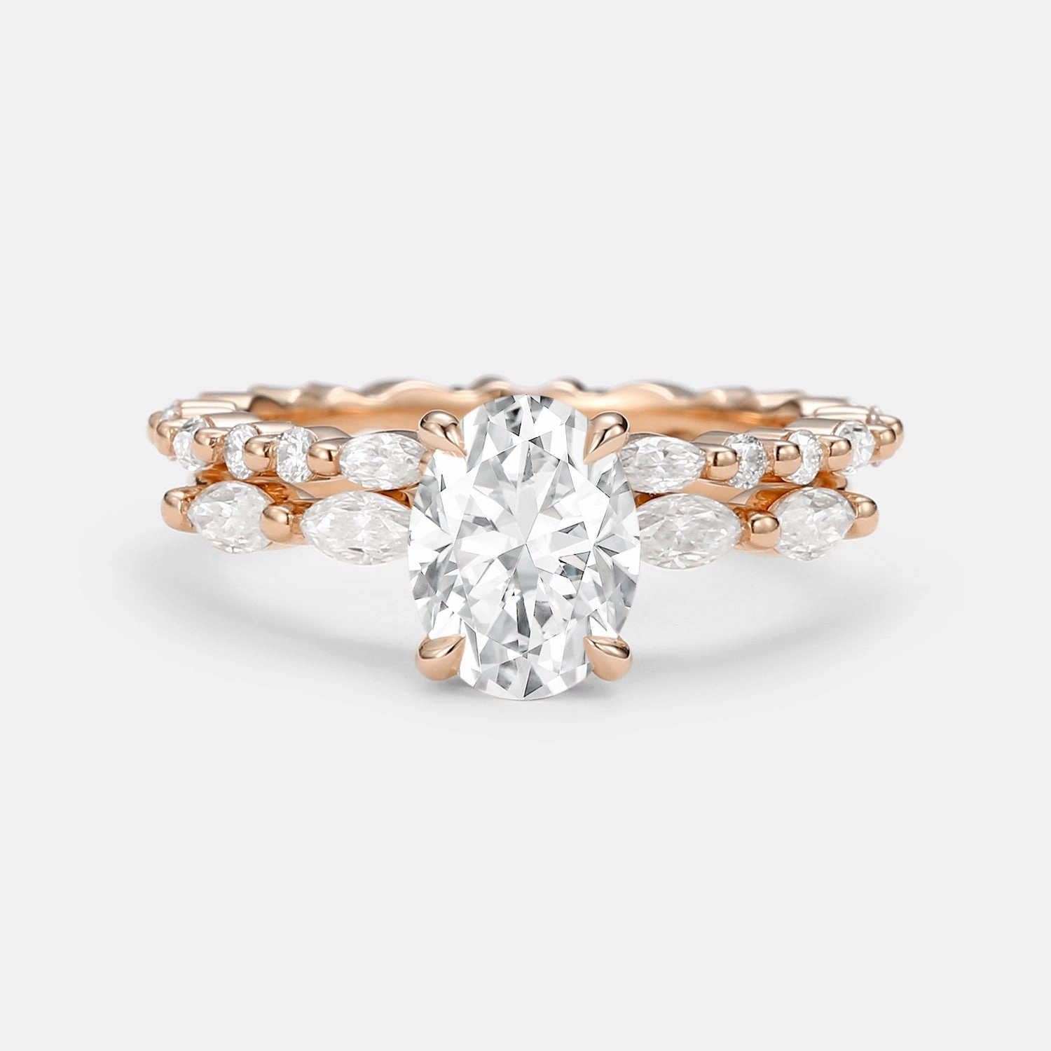 Hexagonal Style 1.5ct Oval Cut Moissanite Pave Vintage Solitaire Ring Set 2pcs