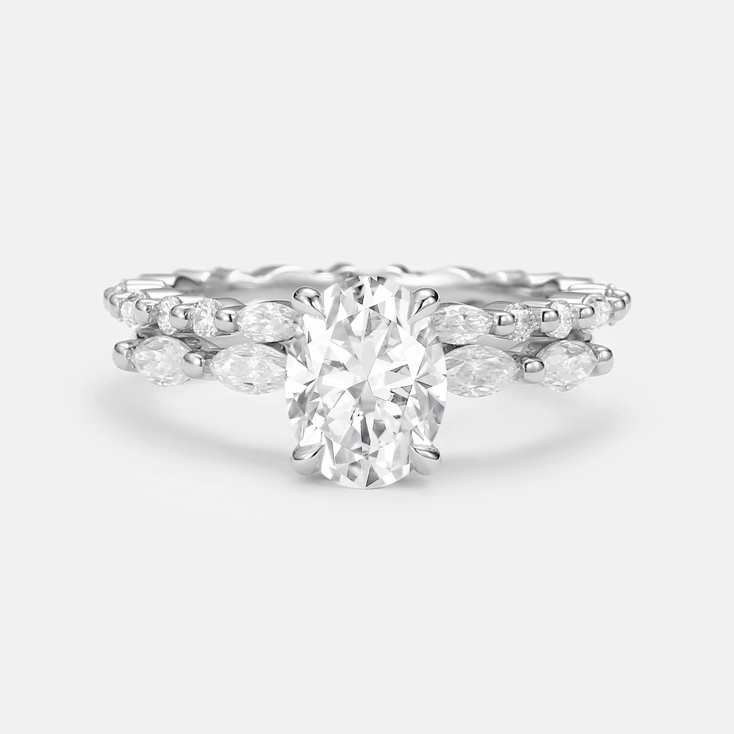1.5ct Oval Cut Moissanite Pave Vintage Solitaire Ring Set 2pcs Trendy Layer