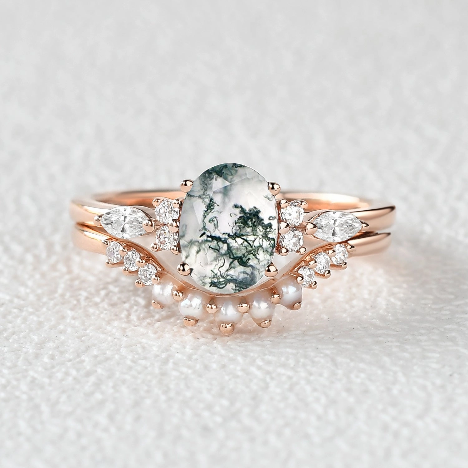 Timeless Expression 1.5ct Oval Cut Moss Agate & Pearl Engagement Ring Set 2pcs