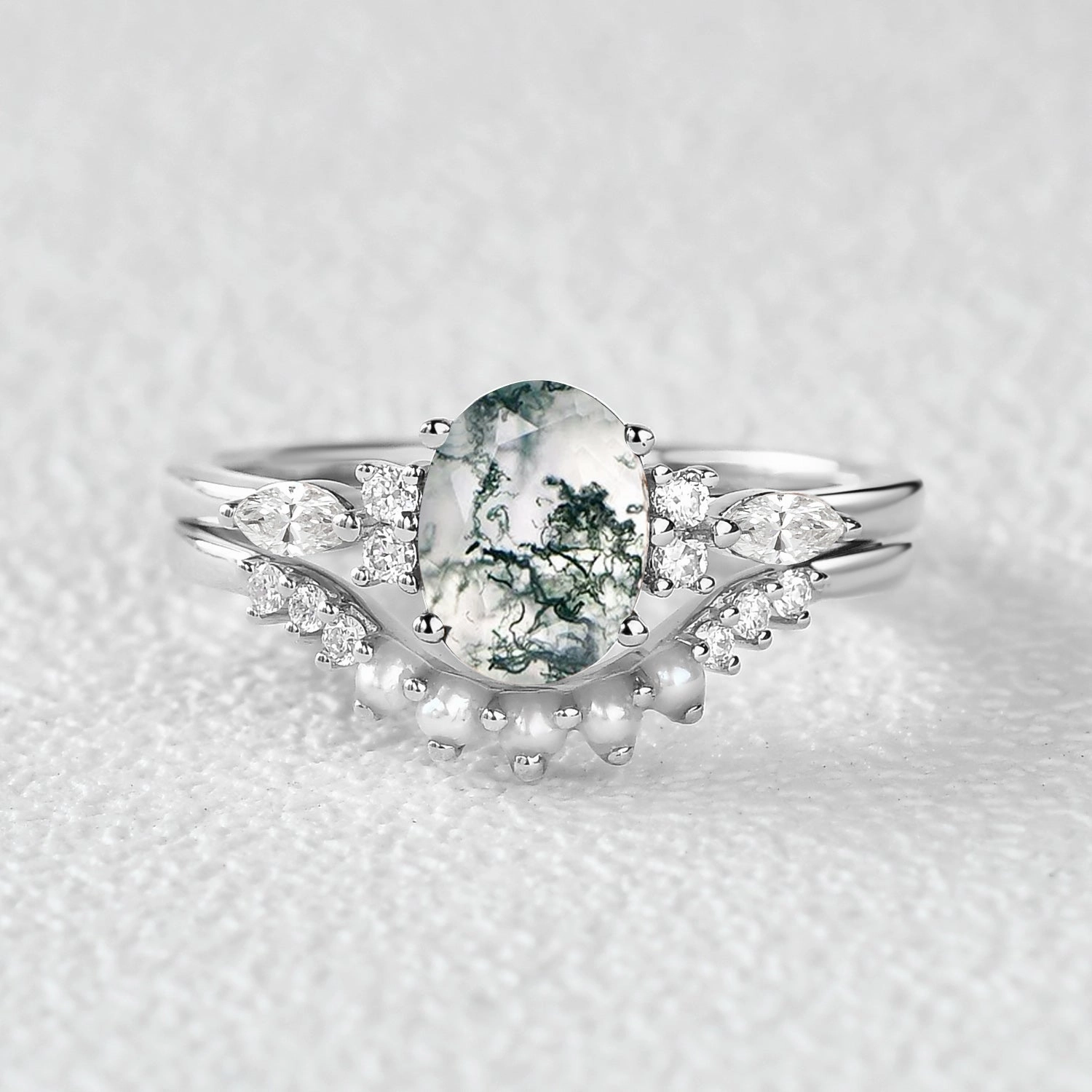 1.5ct Oval Cut Moss Agate & Pearl Engagement Ring Set 2pcs Iconic Feature Ethereal Feature
