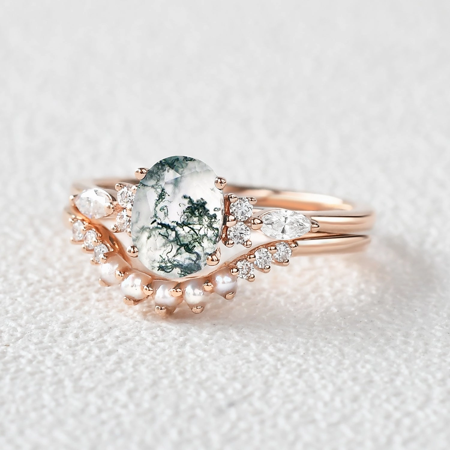 Wonderful Embellishment Fashionable Design 1.5ct Oval Cut Moss Agate & Pearl Engagement Ring Set 2pcs