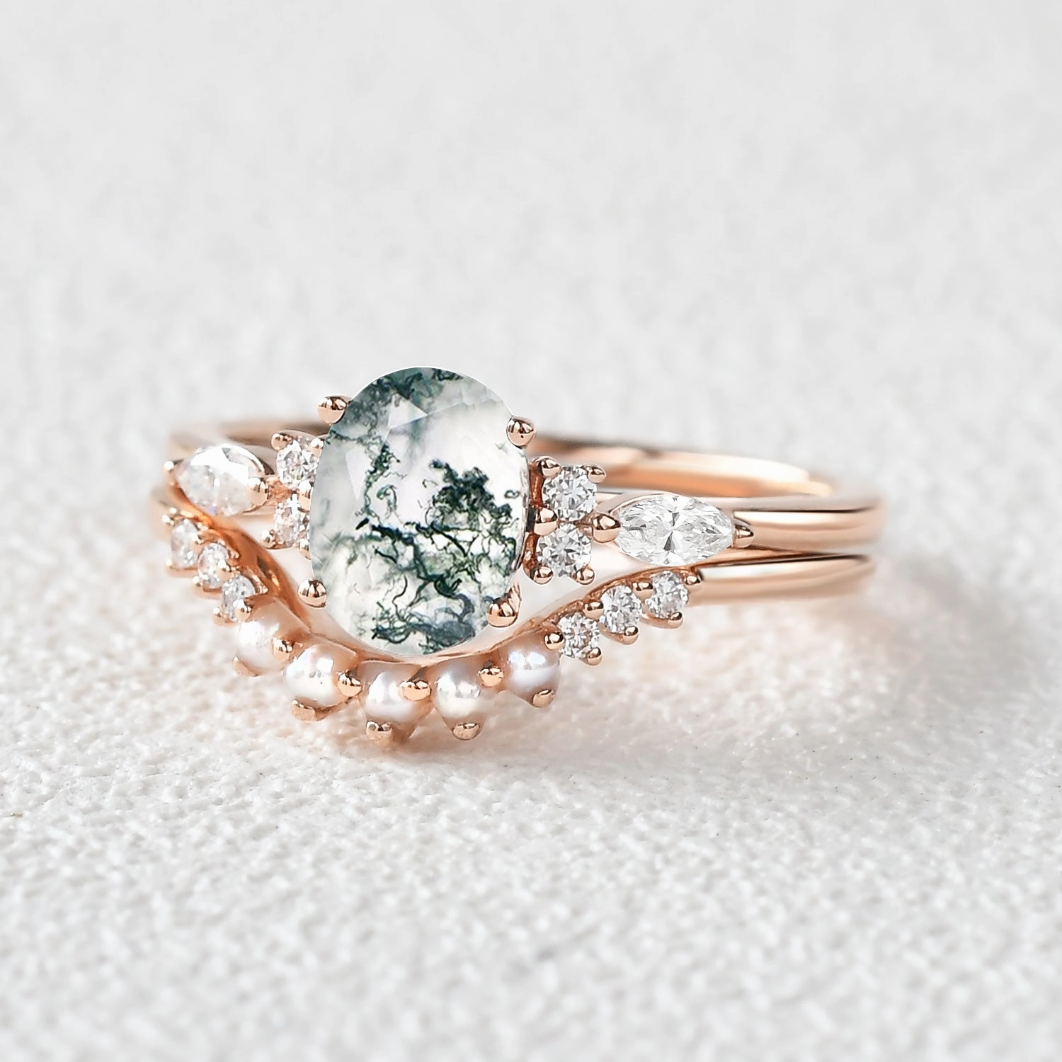 Premium Highlight 1.5ct Oval Cut Moss Agate & Pearl Engagement Ring Set 2pcs