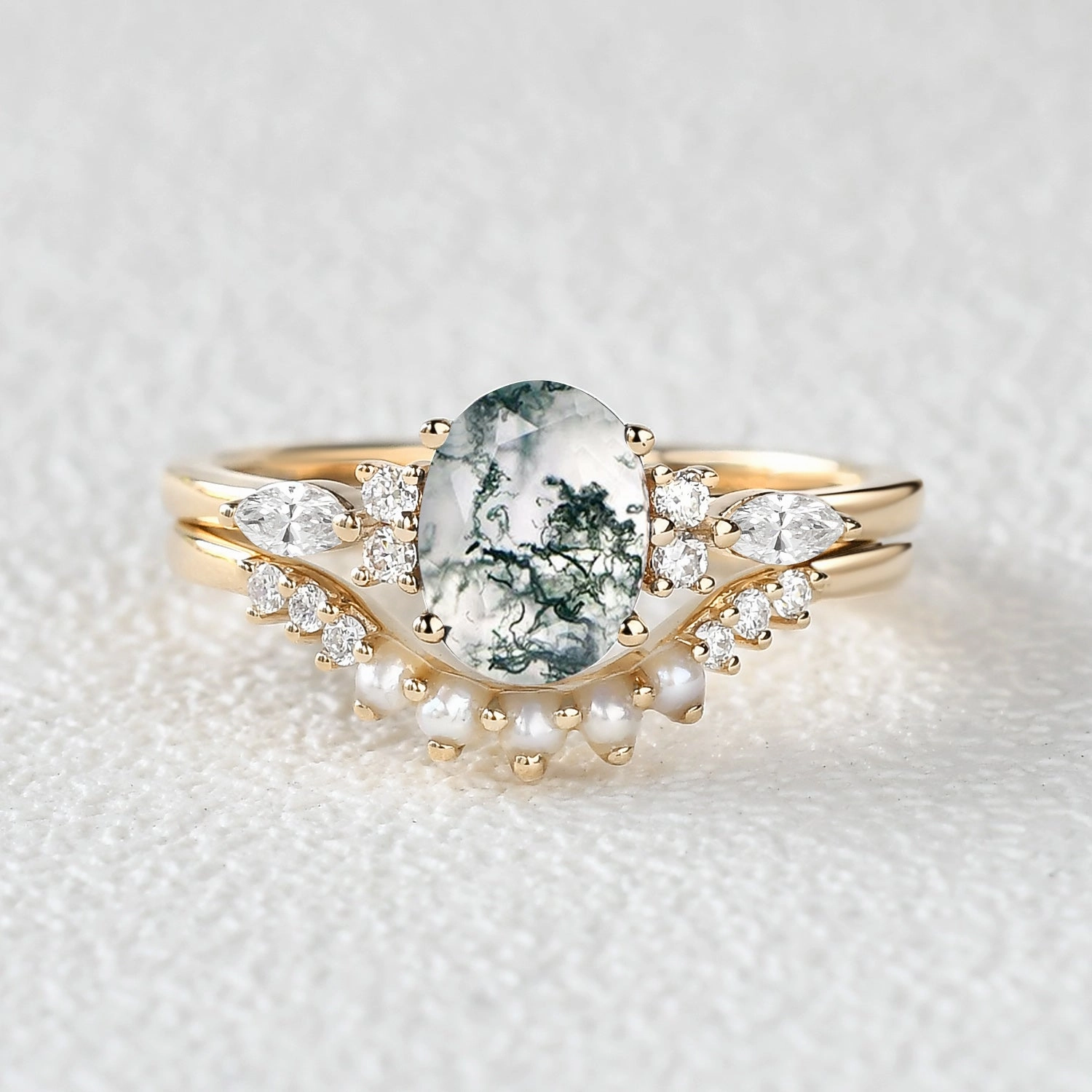 1.5ct Oval Cut Moss Agate & Pearl Engagement Ring Set 2pcs Luxury Craft Trendy Statement