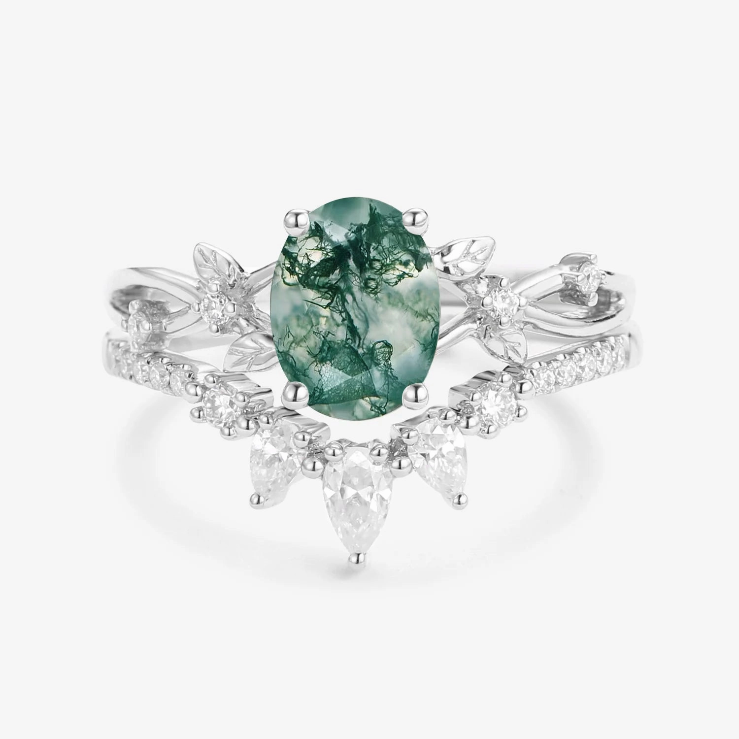 1.5ct Oval Cut Moss Agate Leafy White Gold Ring Set 2pcs - Wrenley Simple Insignia Chic Product