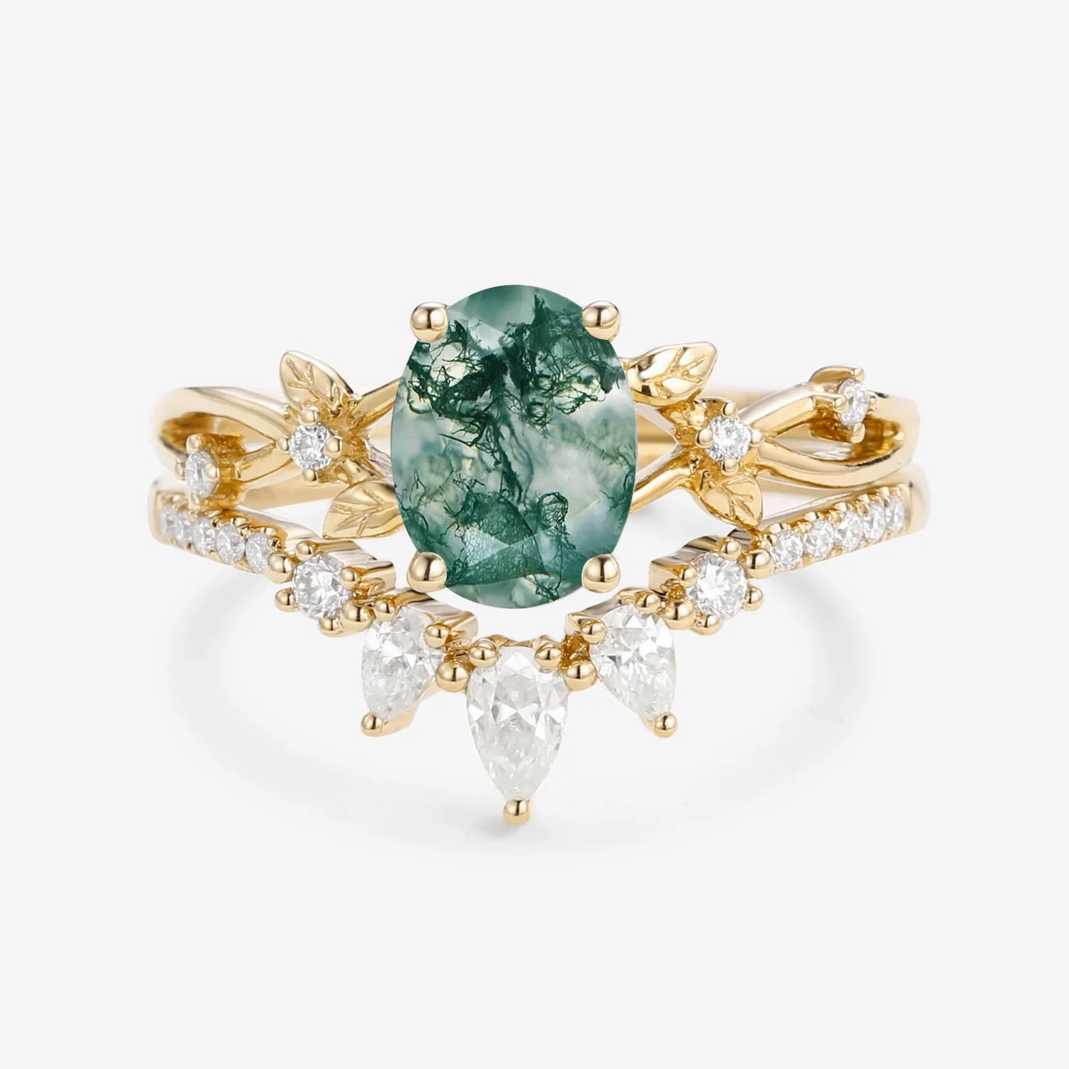 1.5ct Oval Cut Moss Agate Leafy White Gold Ring Set 2pcs - Wrenley Beautiful Expression