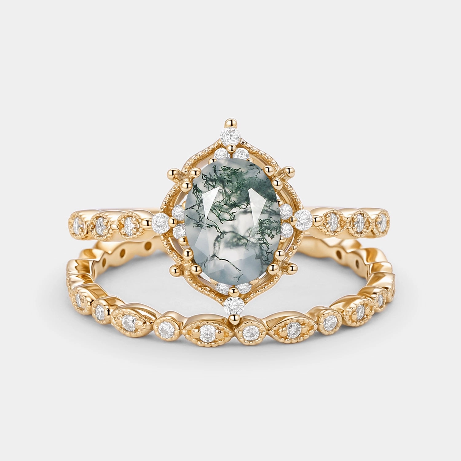 Minimal Detail 1.5ct Oval Cut Moss Agate Signature Vintage Ring Set 2pcs