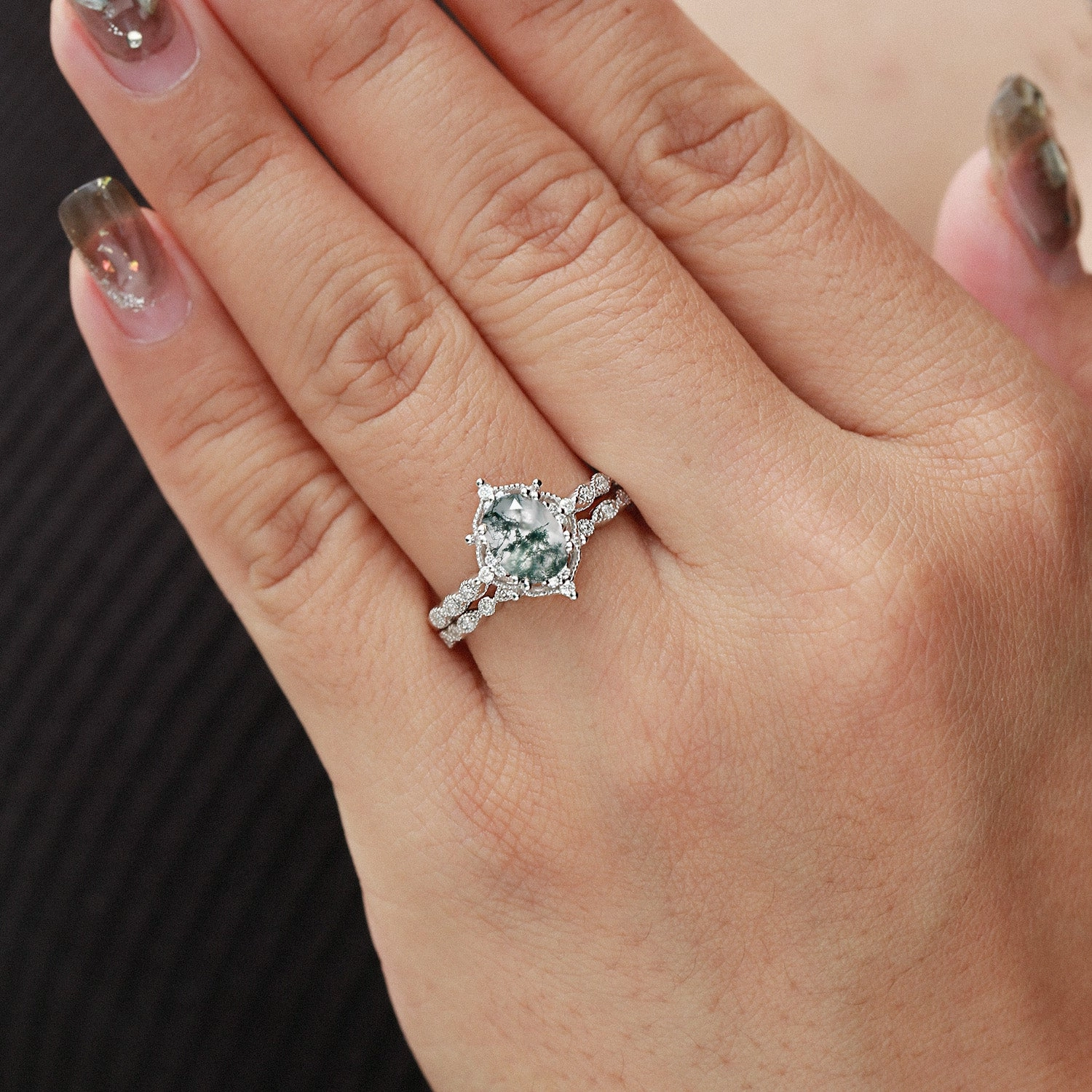 1.5ct Oval Cut Moss Agate Signature Vintage Ring Set 2pcs Street Fashion