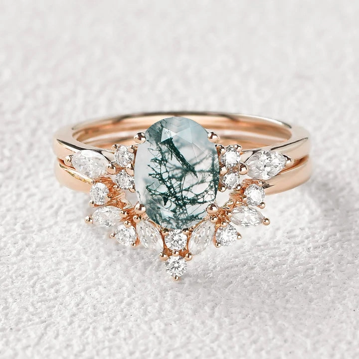 Bold Sparkle 1.5ct Oval Cut Moss Agate Stacking Engagement Ring Set 2pcs