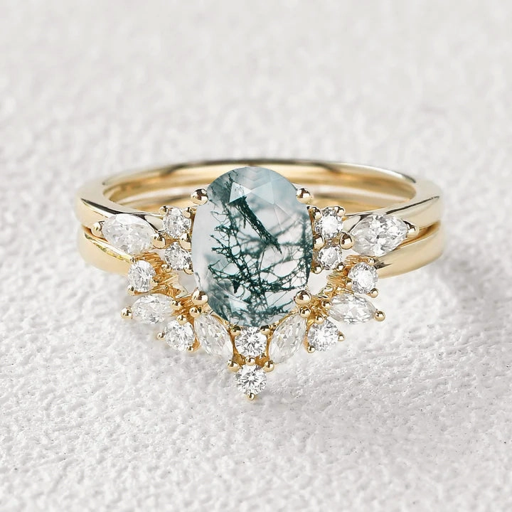 Exquisite work Fashion highlight 1.5ct Oval Cut Moss Agate Stacking Engagement Ring Set 2pcs