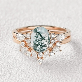 Bold Sparkle 1.5ct Oval Cut Moss Agate Stacking Engagement Ring Set 2pcs