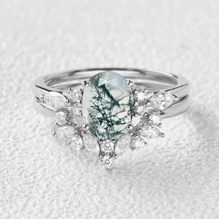 1.5ct Oval Cut Moss Agate Stacking Engagement Ring Set 2pcs Refined Elegance Refined Touch